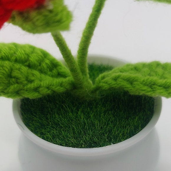 Crocheted Handmade Spring Flowers In Mini Pot W/Grass, Red Roses - Picture 4 of 4